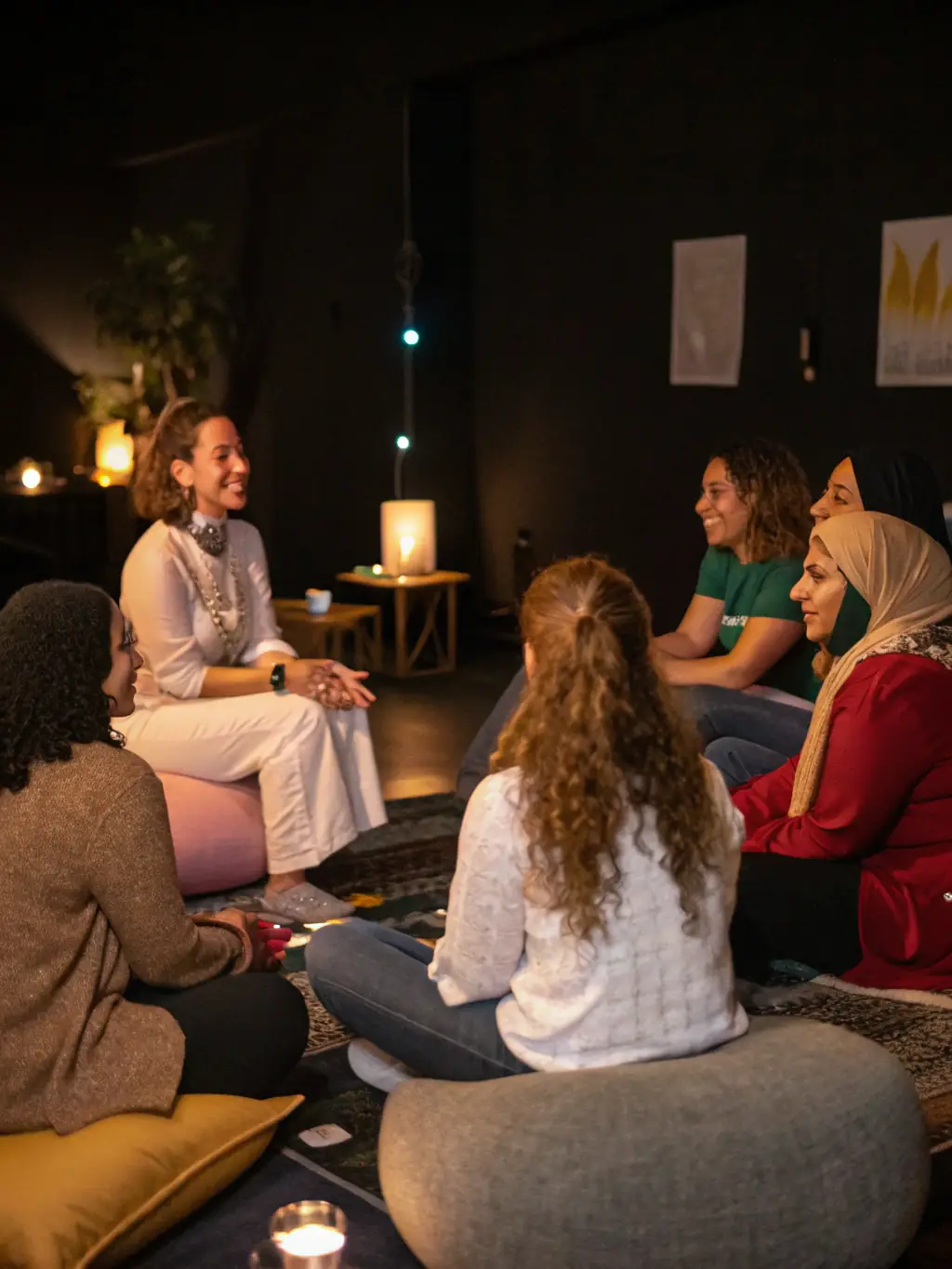 A diverse group of women sharing stories and experiences in a comfortable and inclusive setting, fostering community and understanding.