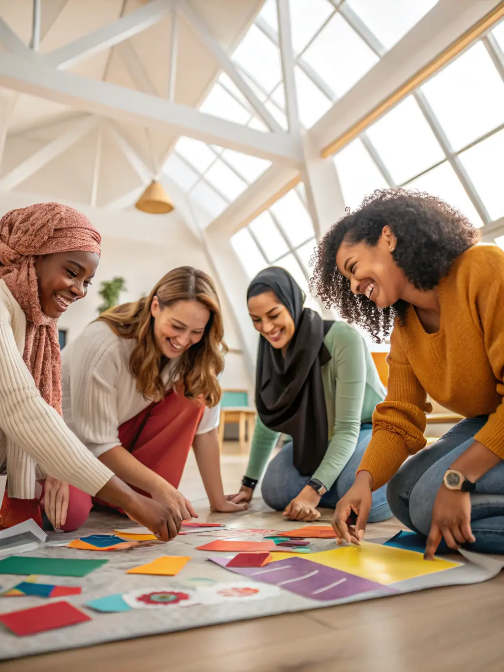 A group of women participating in a vibrant painting workshop, showcasing creativity and collaboration.