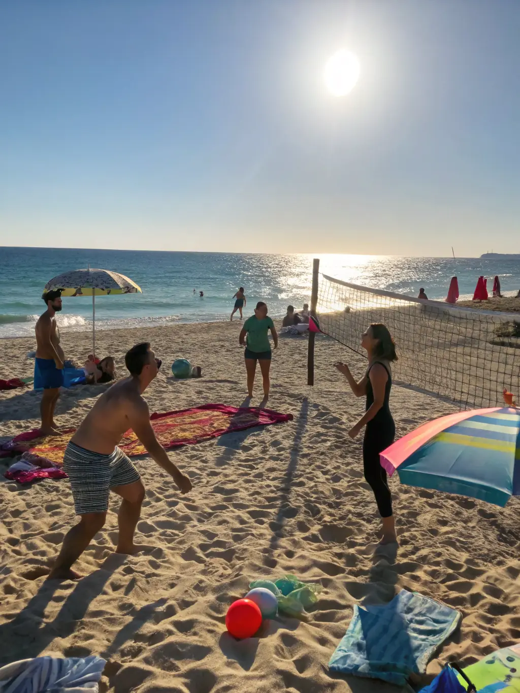 Women playing a friendly game of volleyball on a sunny beach, promoting teamwork and physical activity.