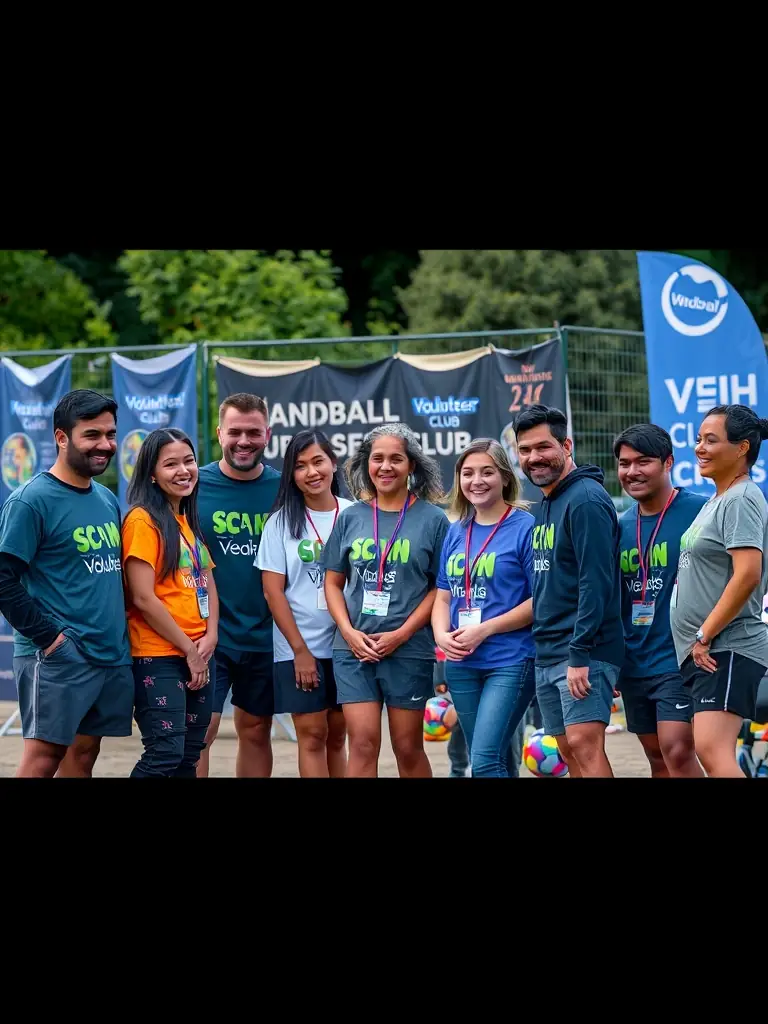 A group photo of BHNM volunteers and staff members at a club event, showcasing their dedication and community involvement in supporting the handball club's activities.